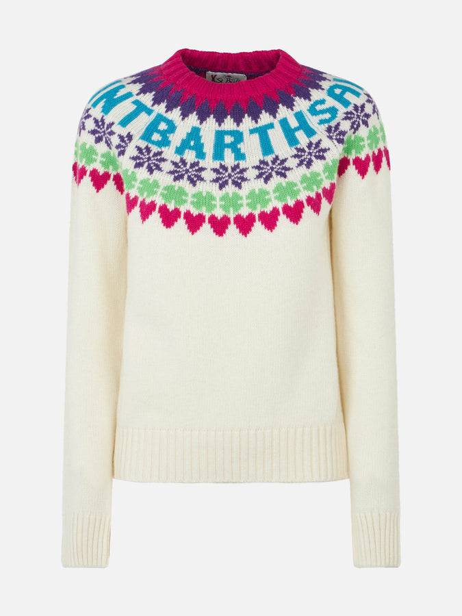 Mc2 Saint Barth Maglia Da Donna Girocollo Bianca Con Stampa Cuori Fair Isle