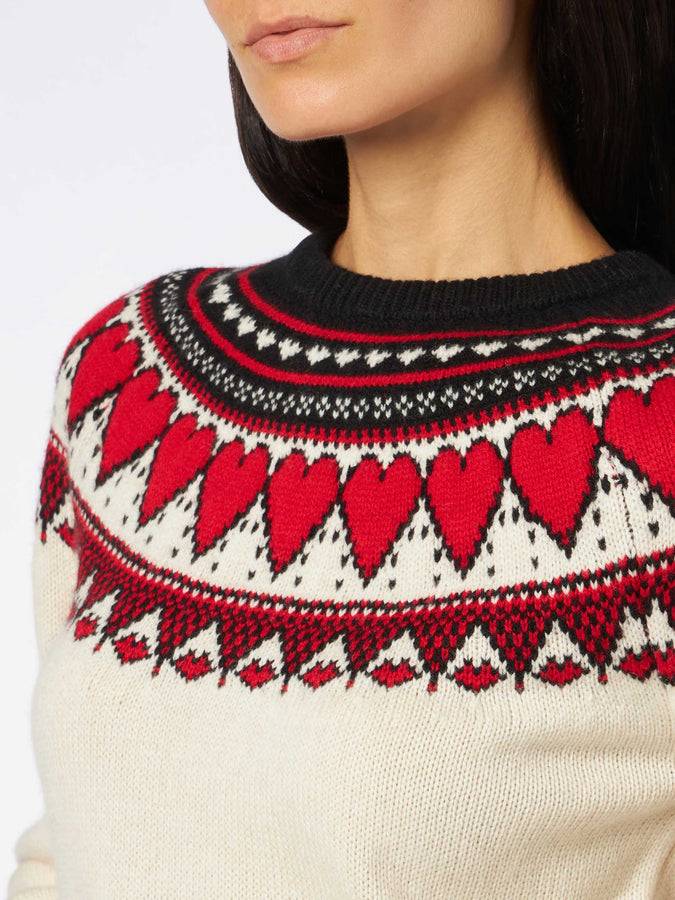 Mc2 Saint Barth Maglia Da Donna Girocollo Bianca Con Stampa Cuori Fair Isle