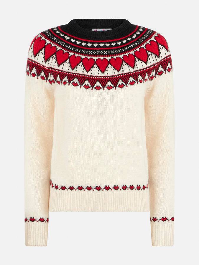 Mc2 Saint Barth Maglia Da Donna Girocollo Bianca Con Stampa Cuori Fair Isle