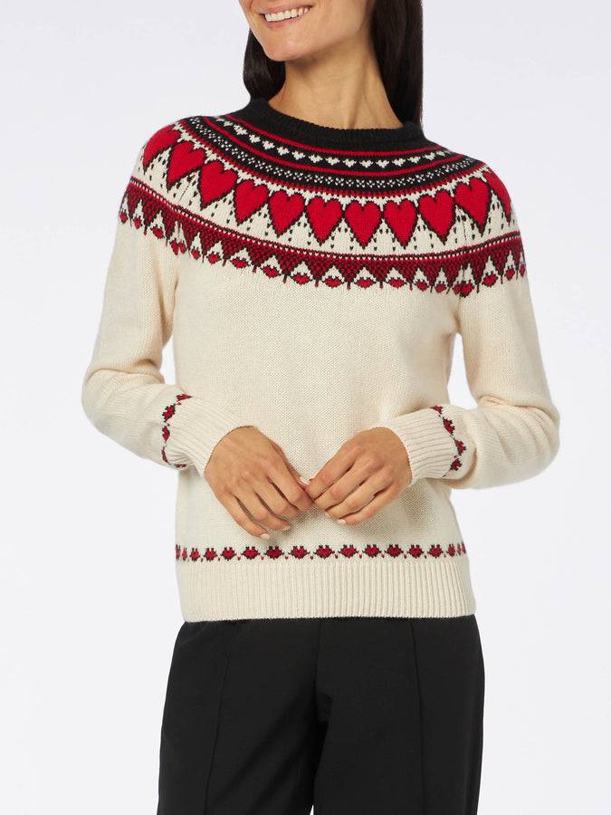Mc2 Saint Barth Maglia da donna girocollo bianca con stampa cuori fair isle