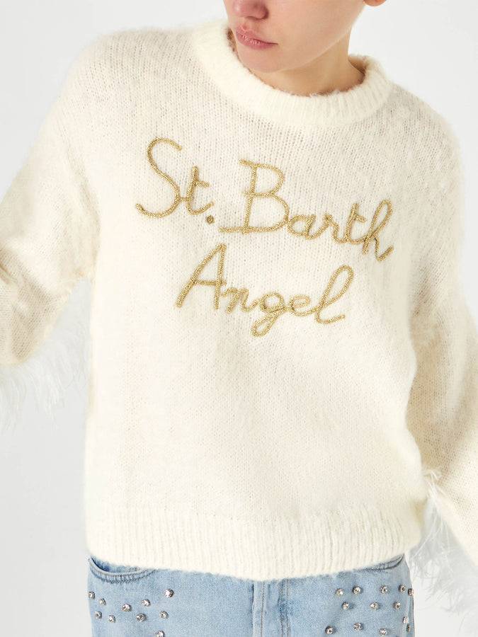 Mc2 Saint Barth Maglia Da Donna Girocollo Garzata Bianca Con Frange