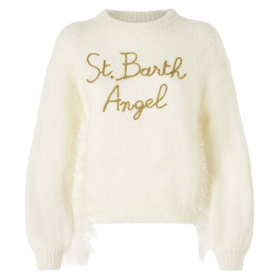 Mc2 Saint Barth Maglia Da Donna Girocollo Garzata Bianca Con Frange