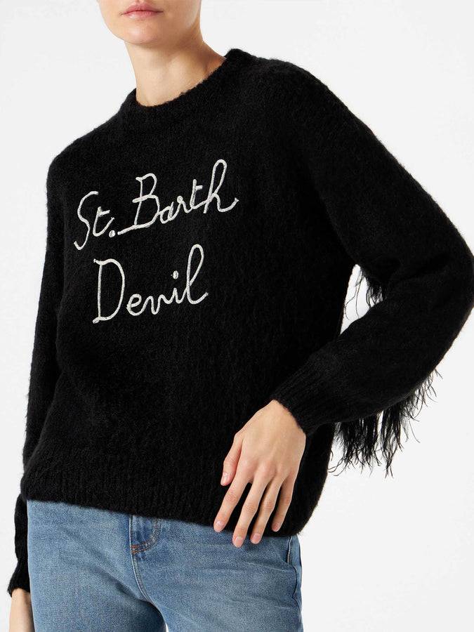 Mc2 Saint Barth Maglia da donna girocollo garzata nera con frange