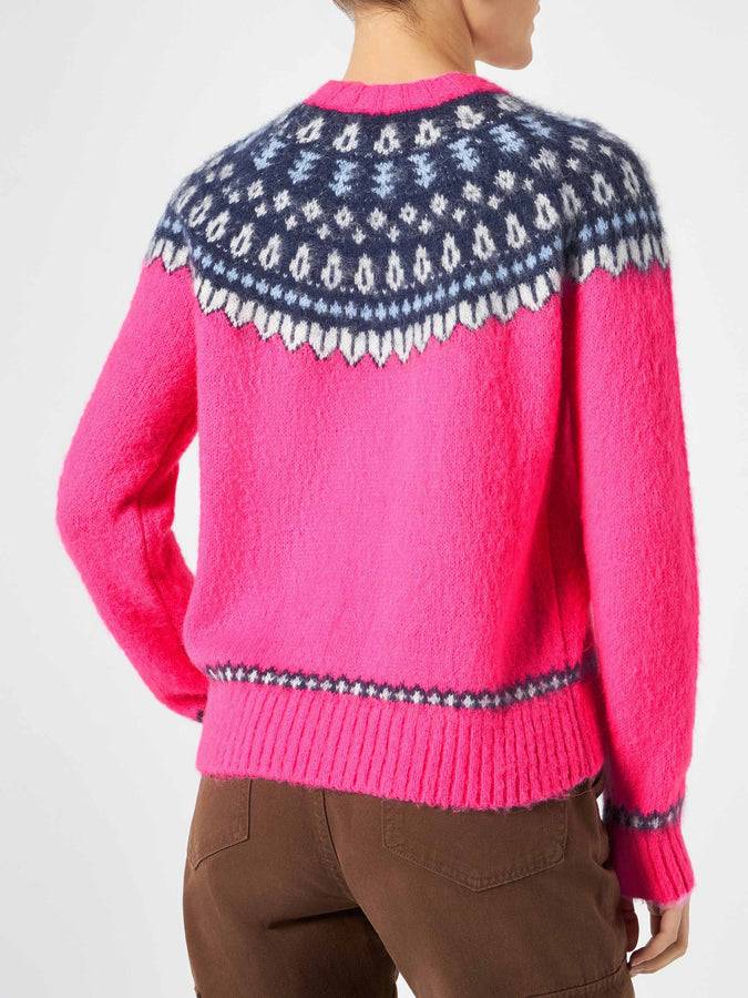 Mc2 Saint Barth Maglia Da Donna Girocollo Jacquard Nordico Rosa Fluo
