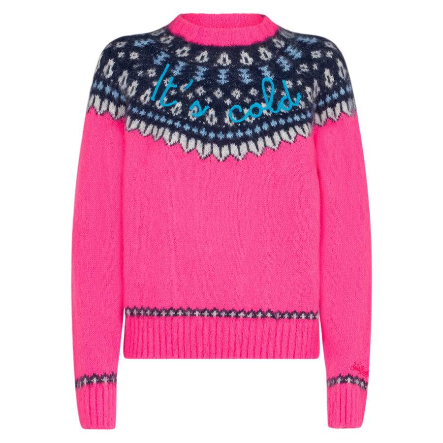 Mc2 Saint Barth Maglia Da Donna Girocollo Jacquard Nordico Rosa Fluo