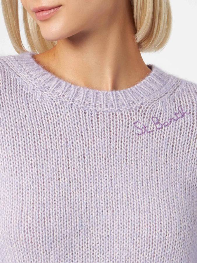 Mc2 Saint Barth Maglia Da Donna Girocollo Morbida Lilla Con Ricamo St. Barth