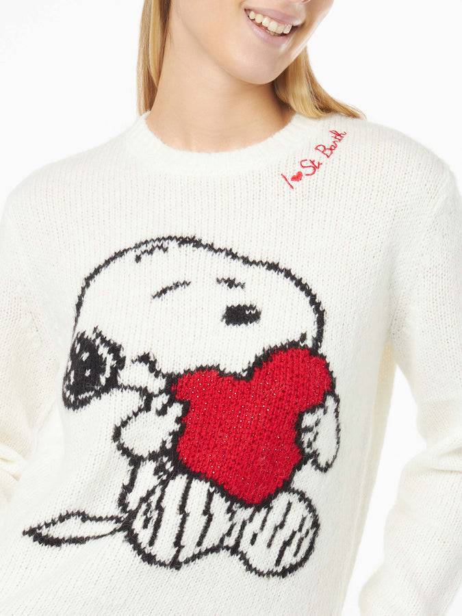 Mc2 Saint Barth Maglia Da Donna Girocollo Nera Con Stampa Snoopy E Woodstock E Cuore In Strass | EDIZIONE SPECIALE SNOOPY PEANUTS™