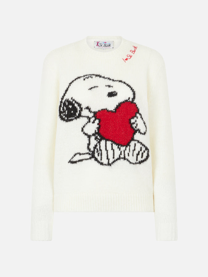 Mc2 Saint Barth Maglia Da Donna Girocollo Nera Con Stampa Snoopy E Woodstock E Cuore In Strass | EDIZIONE SPECIALE SNOOPY PEANUTS™