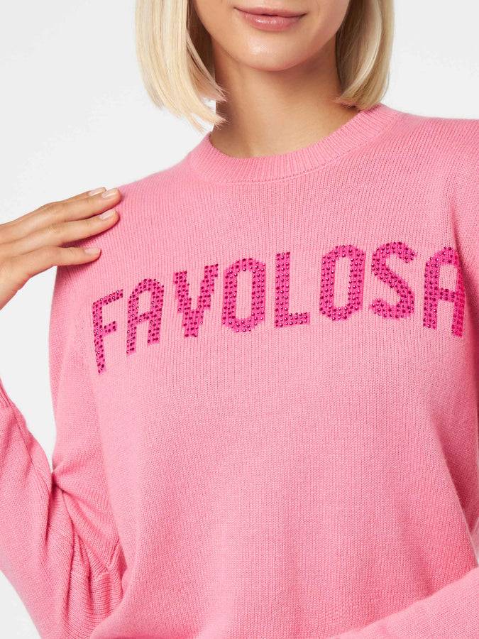 Mc2 Saint Barth Maglia Da Donna Girocollo Rosa Con Stampa Strass Favolosa