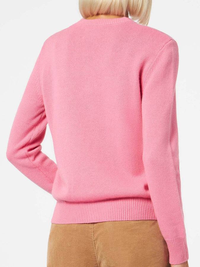 Mc2 Saint Barth Maglia Da Donna Girocollo Rosa Con Stampa Strass Favolosa