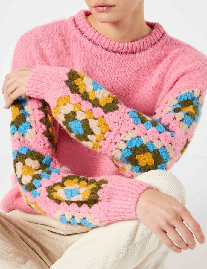 Mc2 Saint Barth Maglia Da Donna Girocollo Ultra Morbida Con Maniche Lavorate All'uncinetto