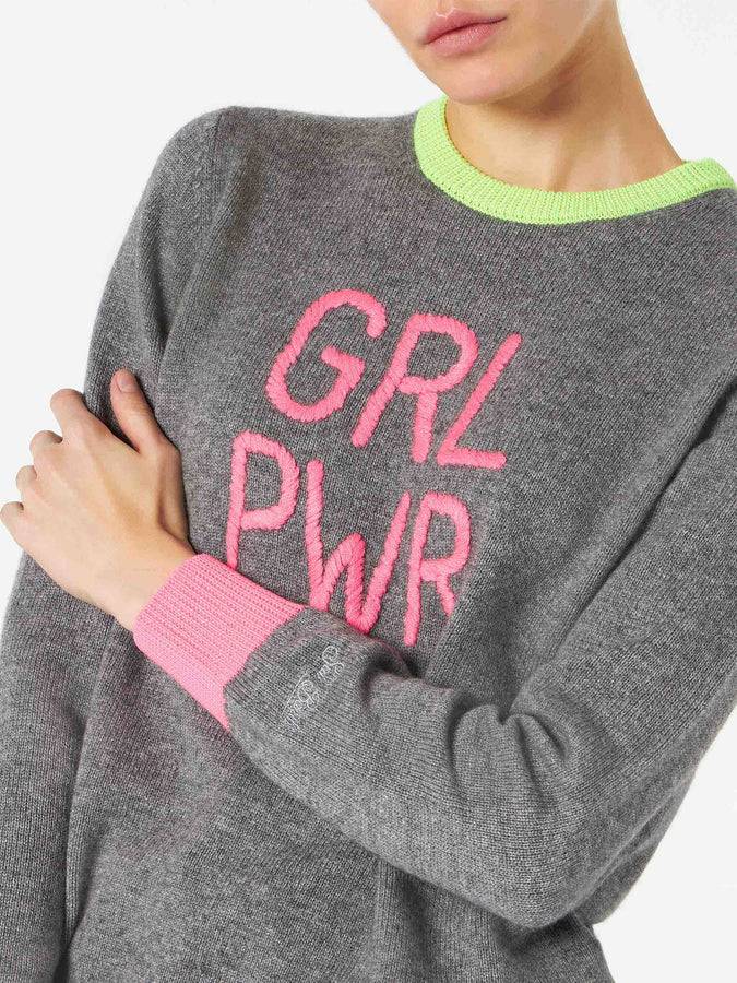 Mc2 Saint Barth Maglia Da Donna Grigia Ricamo GIRL PWR Fluo E Dettagli Fluo