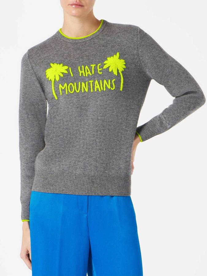 Mc2 Saint Barth Maglia da donna grigia ricamo I hate mountains giallo fluo