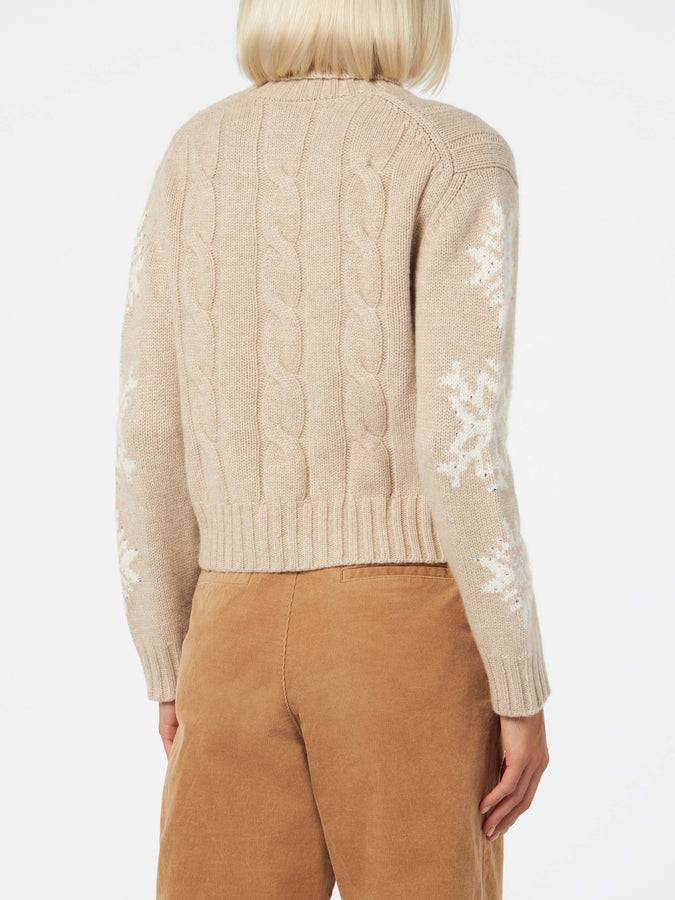 Mc2 Saint Barth Maglia Da Donna Intrecciata A Collo Alto Con Strass Fiocco Di Neve