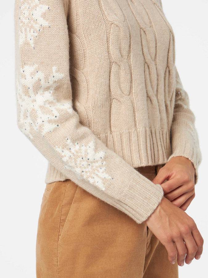 Mc2 Saint Barth Maglia Da Donna Intrecciata A Collo Alto Con Strass Fiocco Di Neve