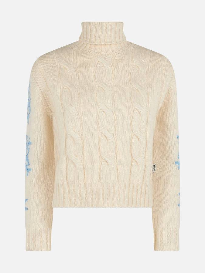 Mc2 Saint Barth Maglia Da Donna Intrecciata A Collo Alto Con Strass Fiocco Di Neve