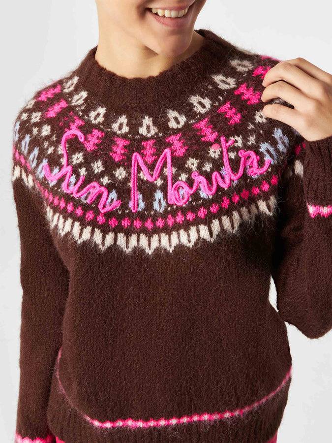 Mc2 Saint Barth Maglia Da Donna Jacquard Nordica Girocollo Marrone