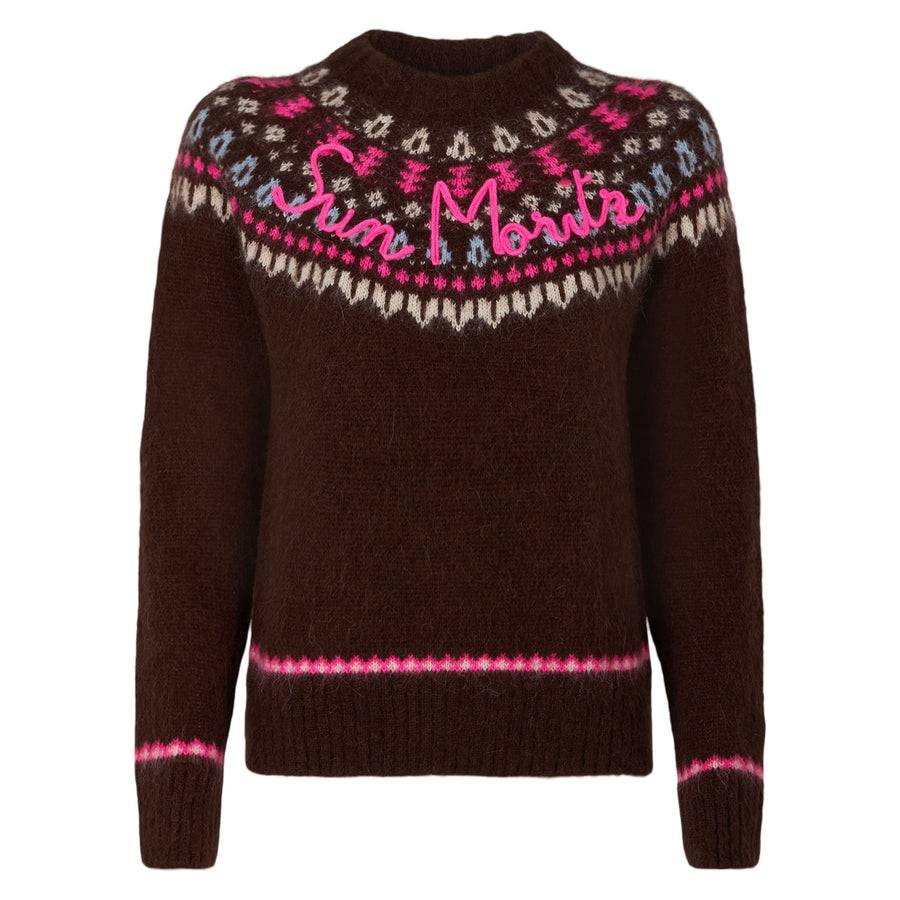 Mc2 Saint Barth Maglia Da Donna Jacquard Nordica Girocollo Marrone