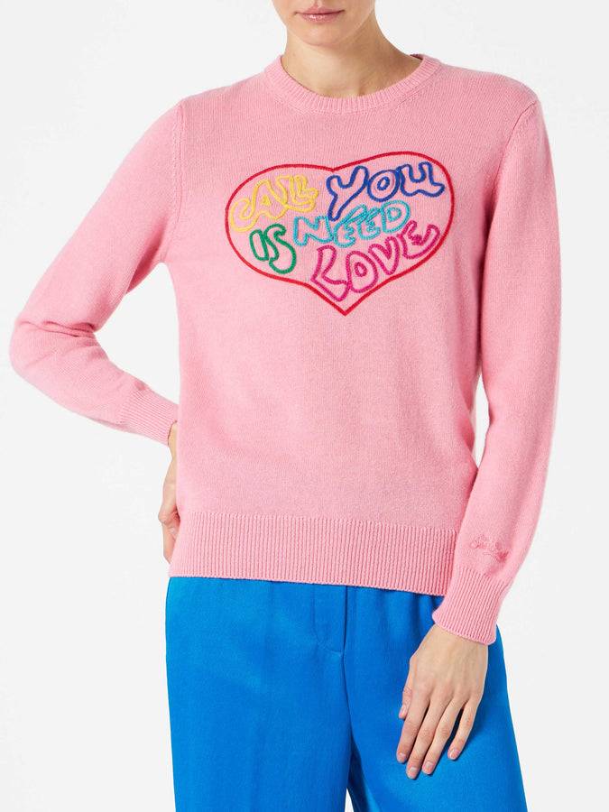 Mc2 Saint Barth Maglia da donna rosa ricamo All you need is love