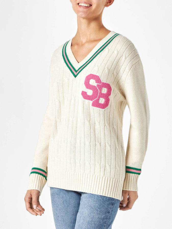 Mc2 Saint Barth Maglia Da Donna Scollo A V Intrecciata Con Patch