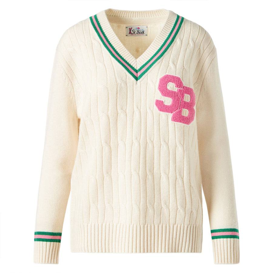 Mc2 Saint Barth Maglia Da Donna Scollo A V Intrecciata Con Patch