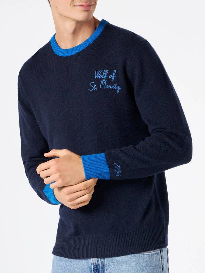 Mc2 Saint Barth Maglia Da Uomo Blu Navy Con Ricamo Lupo Di St. Moritz