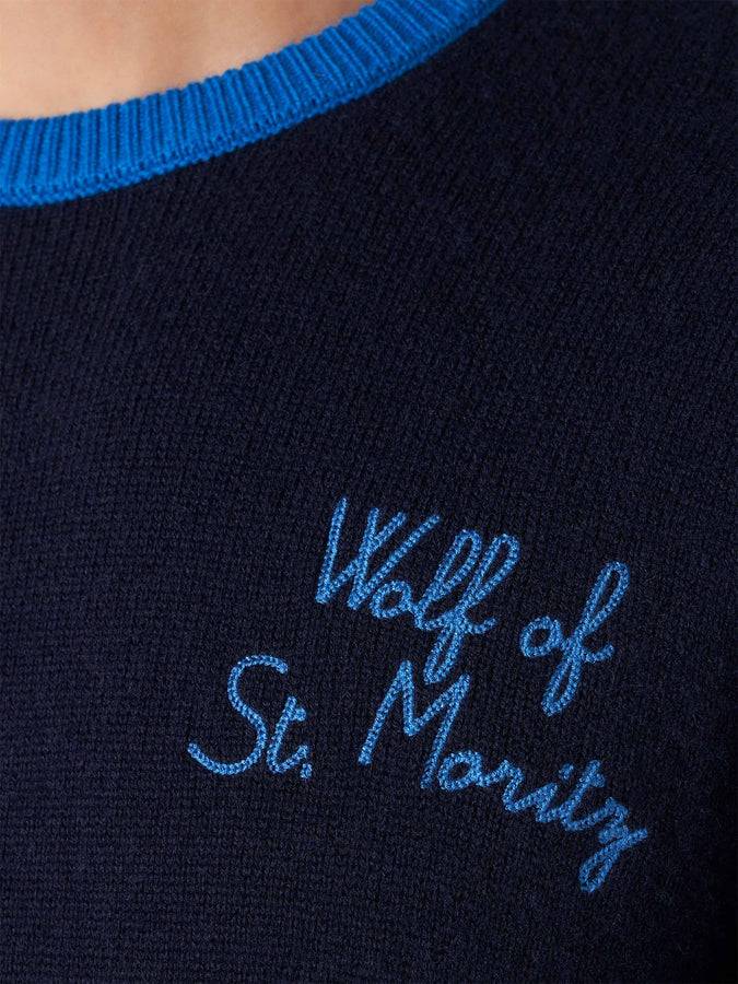 Mc2 Saint Barth Maglia Da Uomo Blu Navy Con Ricamo Lupo Di St. Moritz