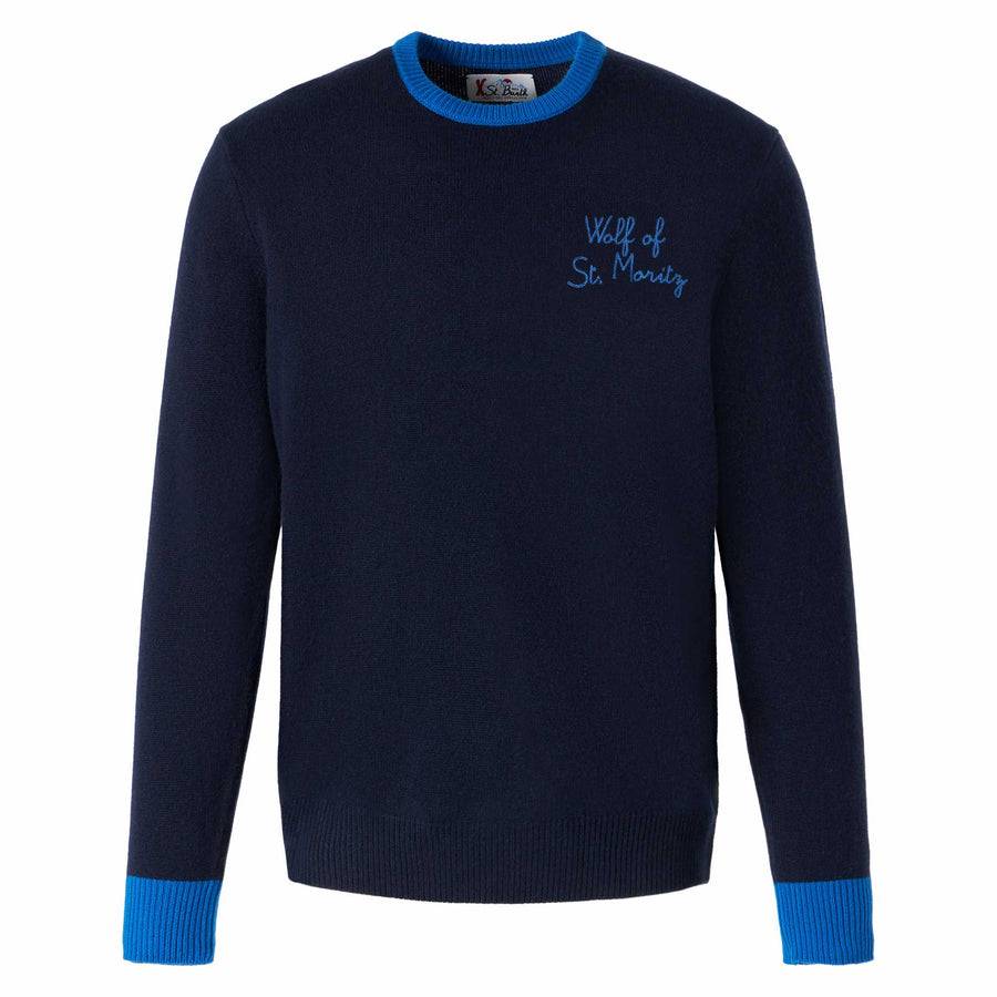 Mc2 Saint Barth Maglia Da Uomo Blu Navy Con Ricamo Lupo Di St. Moritz