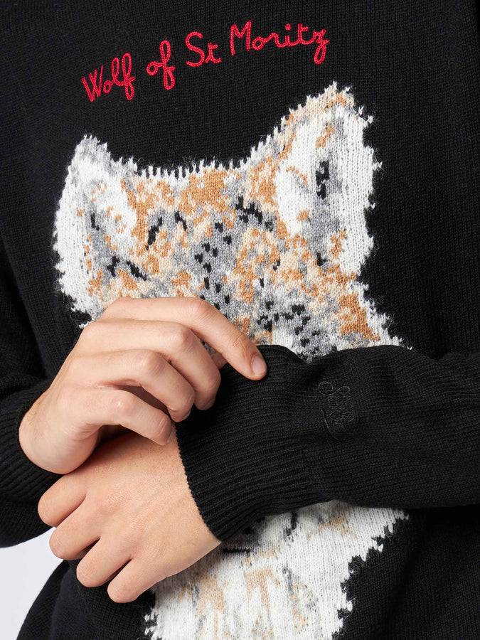 Mc2 Saint Barth Maglia Da Uomo Con Stampa Lupo E Ricamo Wolf Of St.Moritz