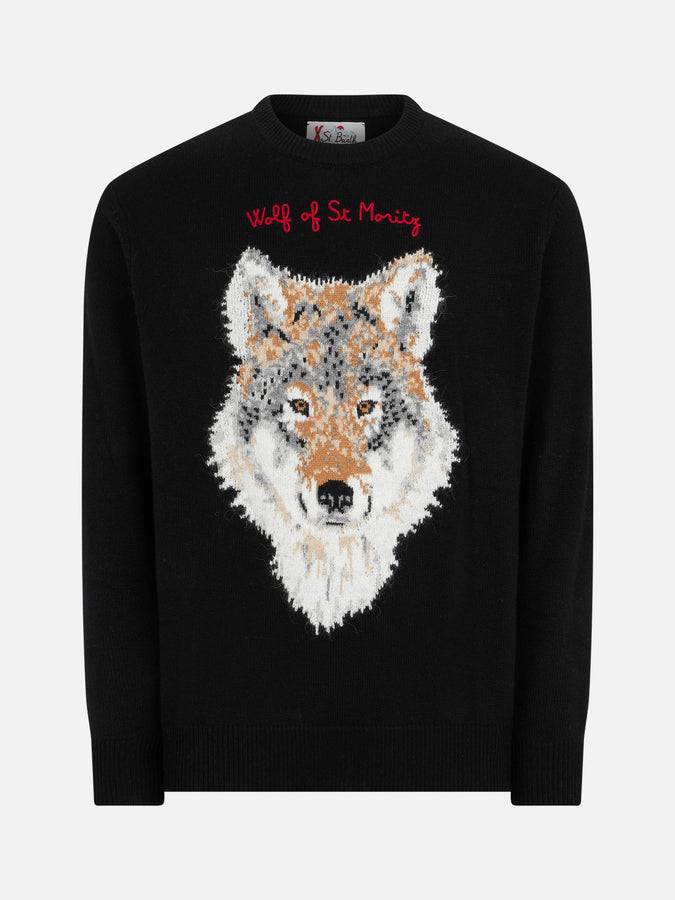 Mc2 Saint Barth Maglia Da Uomo Con Stampa Lupo E Ricamo Wolf Of St.Moritz