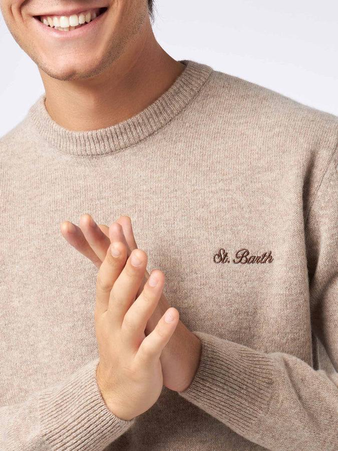 Mc2 Saint Barth Maglia Da Uomo Girocollo Beige Con Ricamo St. Barth