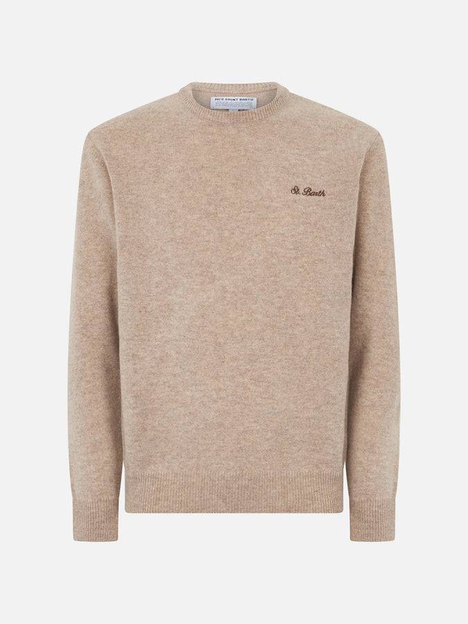 Mc2 Saint Barth Maglia Da Uomo Girocollo Beige Con Ricamo St. Barth