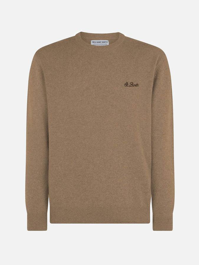 Mc2 Saint Barth Maglia da uomo girocollo beige con ricamo St. Barth