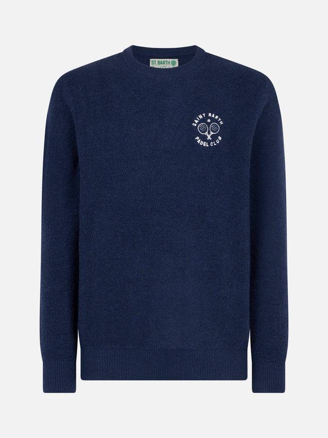 Mc2 Saint Barth Maglia Da Uomo Girocollo Bluette Bouclé Con Ricamo Saint Barth Padel Club