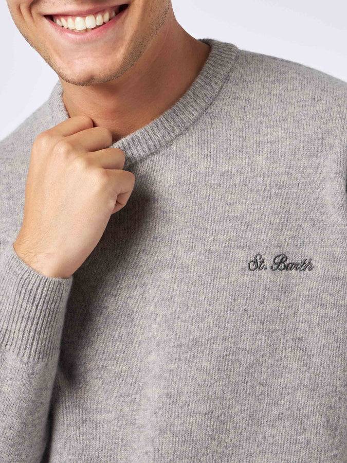 Mc2 Saint Barth Maglia Da Uomo Girocollo Grigio Melange Con Ricamo St. Barth