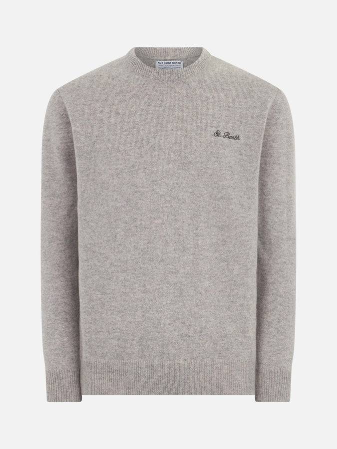 Mc2 Saint Barth Maglia Da Uomo Girocollo Grigio Melange Con Ricamo St. Barth