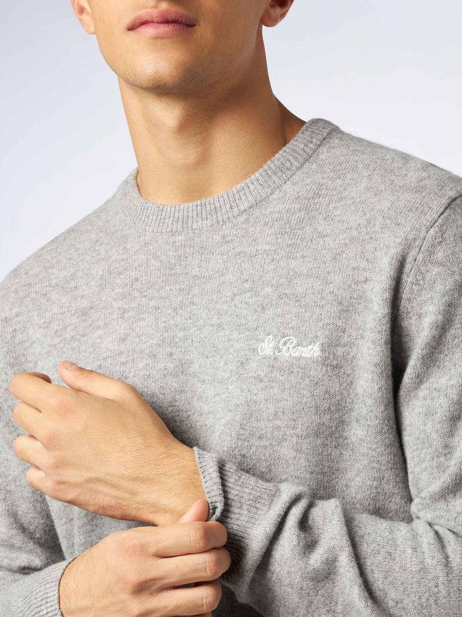 Mc2 Saint Barth Maglia Da Uomo Girocollo Grigio Mélange Con Ricamo St. Barth