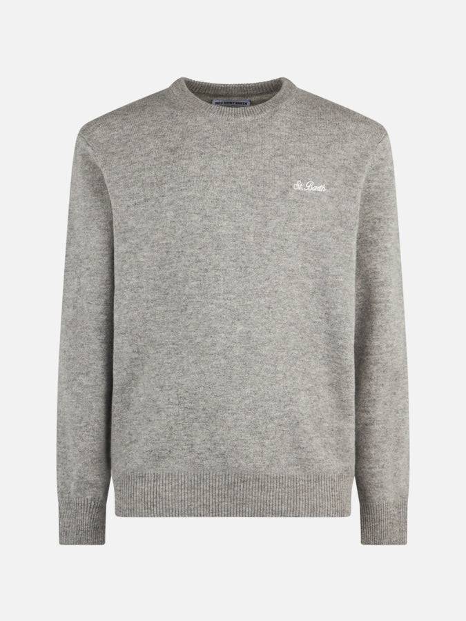 Mc2 Saint Barth Maglia Da Uomo Girocollo Grigio Mélange Con Ricamo St. Barth