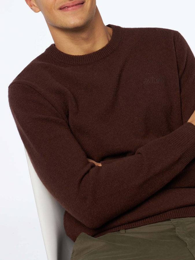 Mc2 Saint Barth Maglia Da Uomo Girocollo Marrone Con Ricamo St. Barth