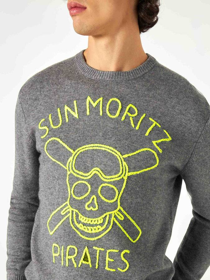 Mc2 Saint Barth Maglia Da Uomo Grigia Sun Moritz Pirates Ricamo Fluo