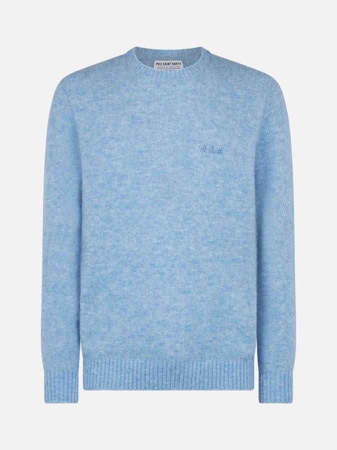 Mc2 Saint Barth Maglia Da Uomo In Lana Stretch Di Colore Azzurro Con Ricamo St. Barth