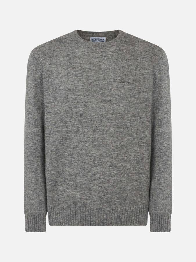 Mc2 Saint Barth Maglia Da Uomo In Lana Stretch Grigio Mélange Con Ricamo St. Barth