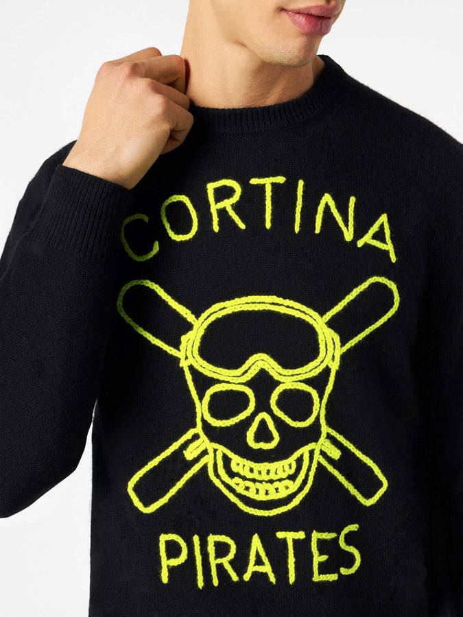 Mc2 Saint Barth Maglia Da Uomo Nera Ricamo Cortina Pirates Fluo