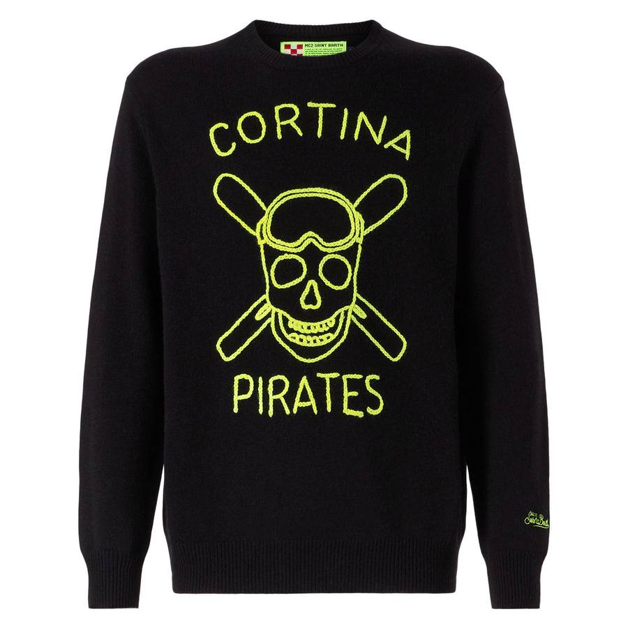 Mc2 Saint Barth Maglia Da Uomo Nera Ricamo Cortina Pirates Fluo