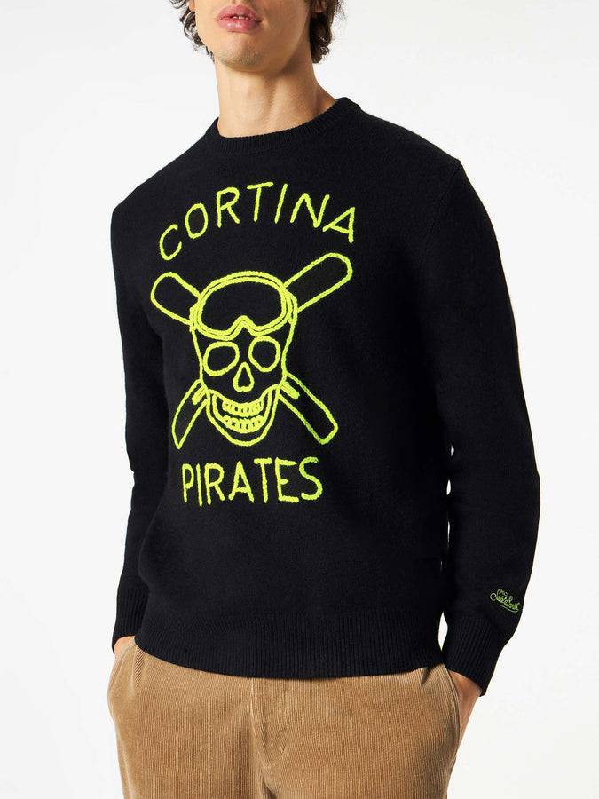 Mc2 Saint Barth Maglia da uomo nera ricamo Cortina Pirates fluo