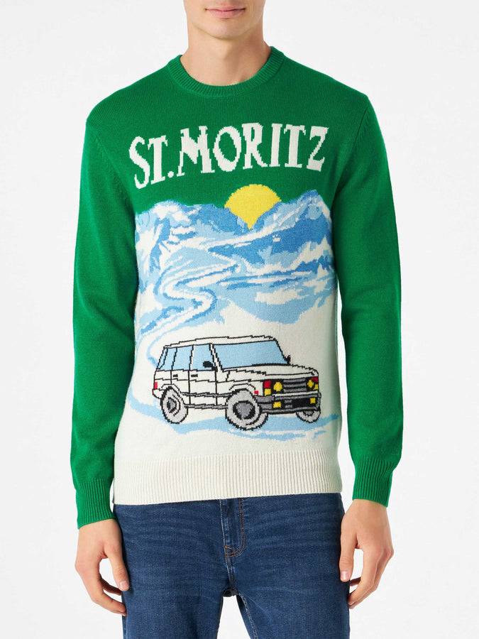 Mc2 Saint Barth Maglia Da Uomo Verde Con Stampa Cartoline Di St.Moritz