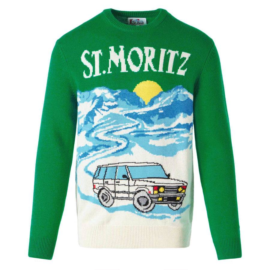 Mc2 Saint Barth Maglia Da Uomo Verde Con Stampa Cartoline Di St.Moritz