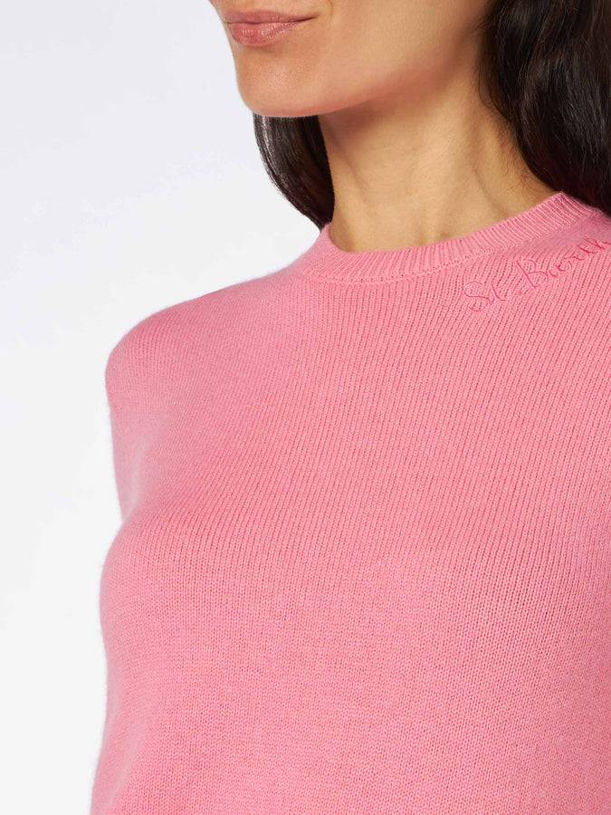 Mc2 Saint Barth Maglia Donna Girocollo Rosa Con Ricamo St. Barth