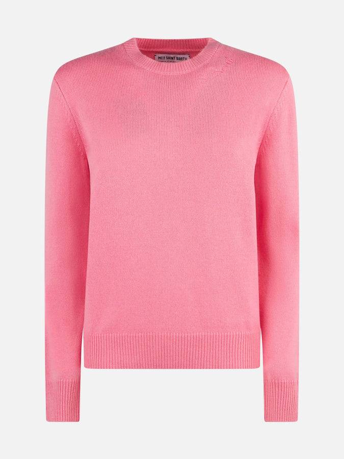 Mc2 Saint Barth Maglia Donna Girocollo Rosa Con Ricamo St. Barth
