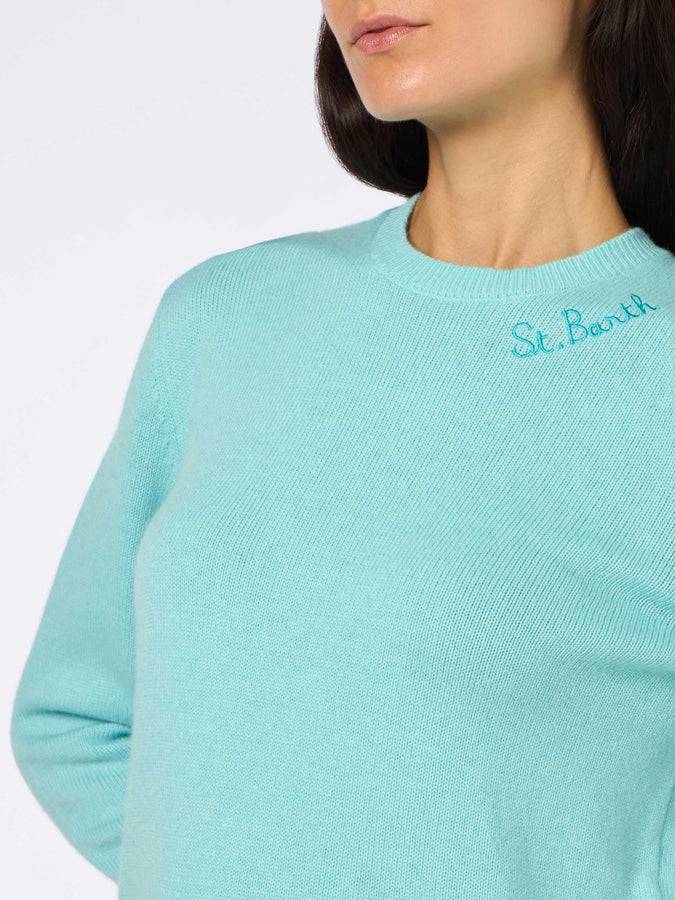Mc2 Saint Barth Maglia Donna Girocollo Verde Acqua Con Ricamo St. Barth